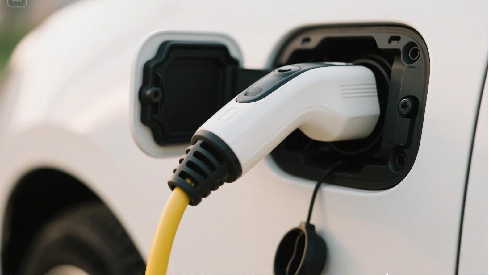 充电桩充电枪插在车上的特写，写实一些